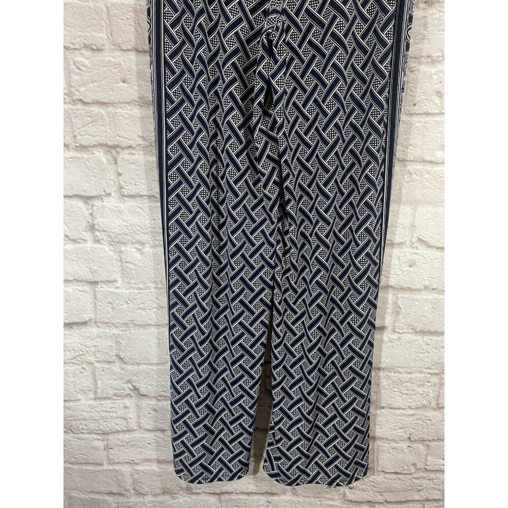 WHITE HOUSE BLACK MARKET Navy Blue White Basket Weave Pull On Wide Leg Pants M - Picture 9 of 12